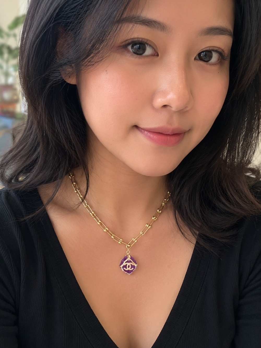 CC Chanel Gold Chain Necklace with Purple Enamel Pendant - Designer Logo Style